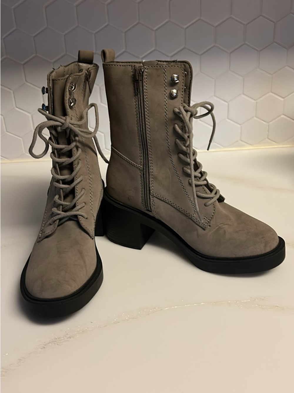 MIA Gray Lace-Up Block Heel Combat Boots